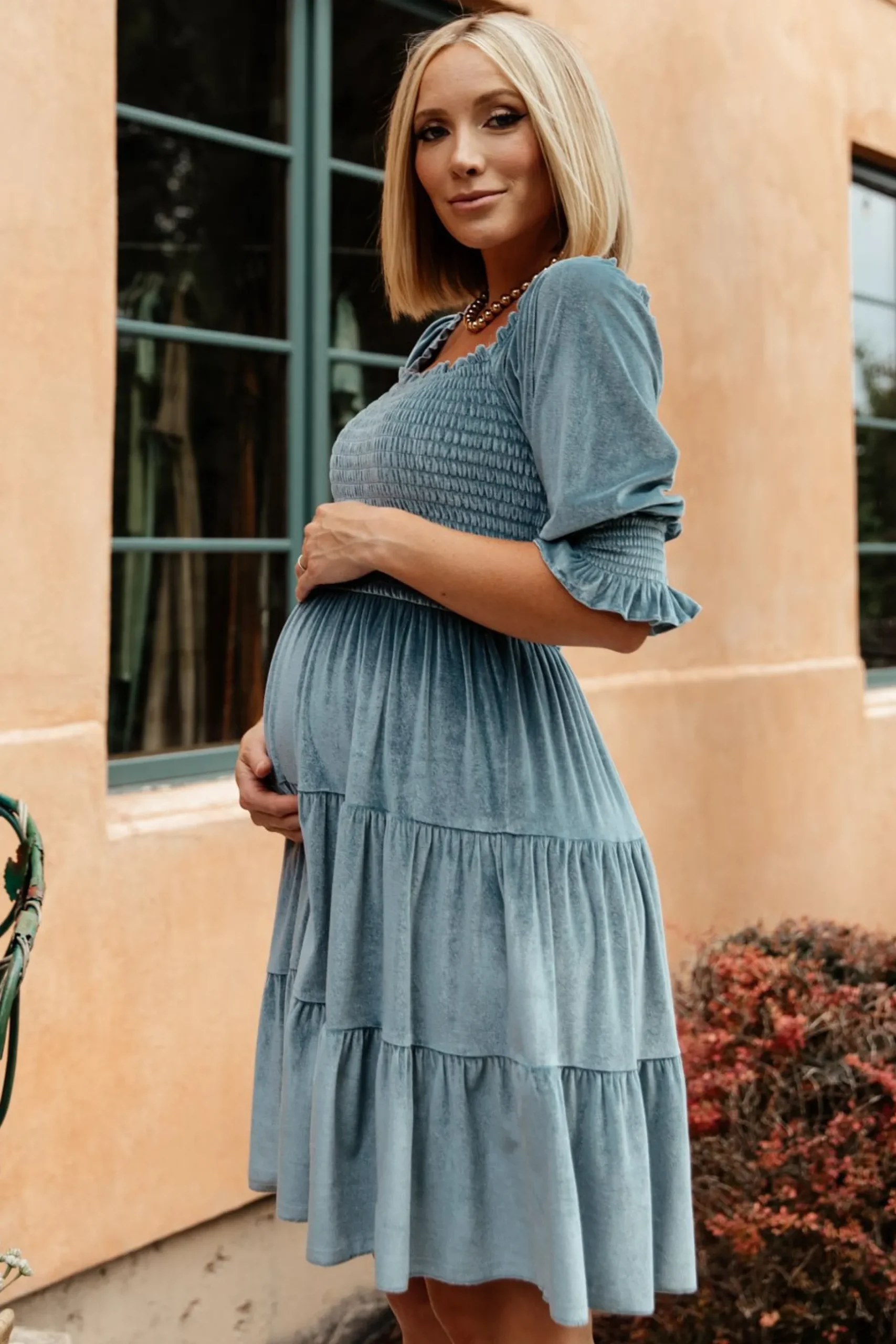 Clearance Bliss Smocked Velvet Short Dress | bump friendly