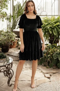 Online Bliss Smocked Velvet Short Dress | bump friendly