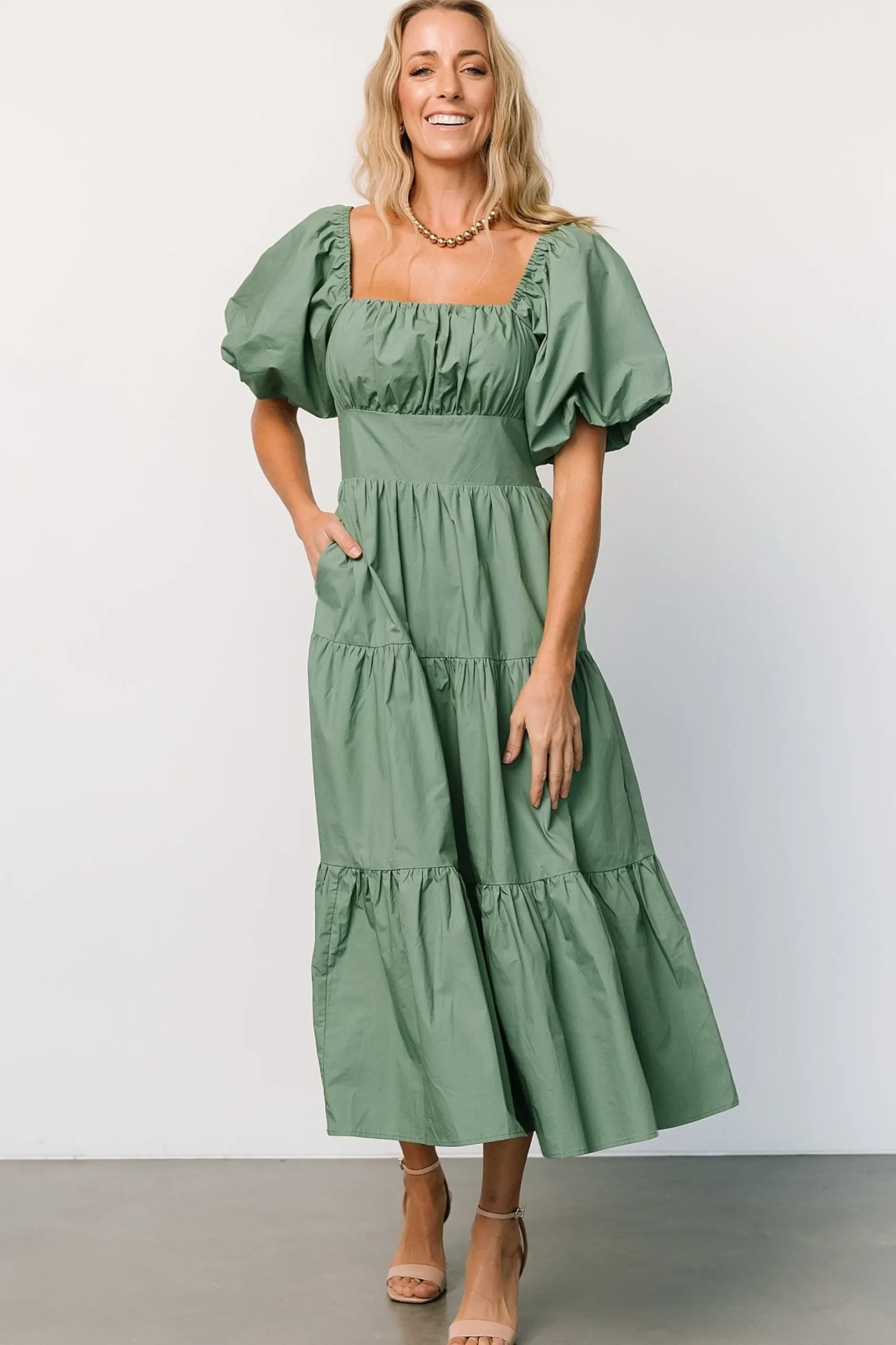 Store Cindy Puff Sleeve Tiered Dress | midi dresses