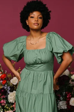 Store Cindy Puff Sleeve Tiered Dress | midi dresses