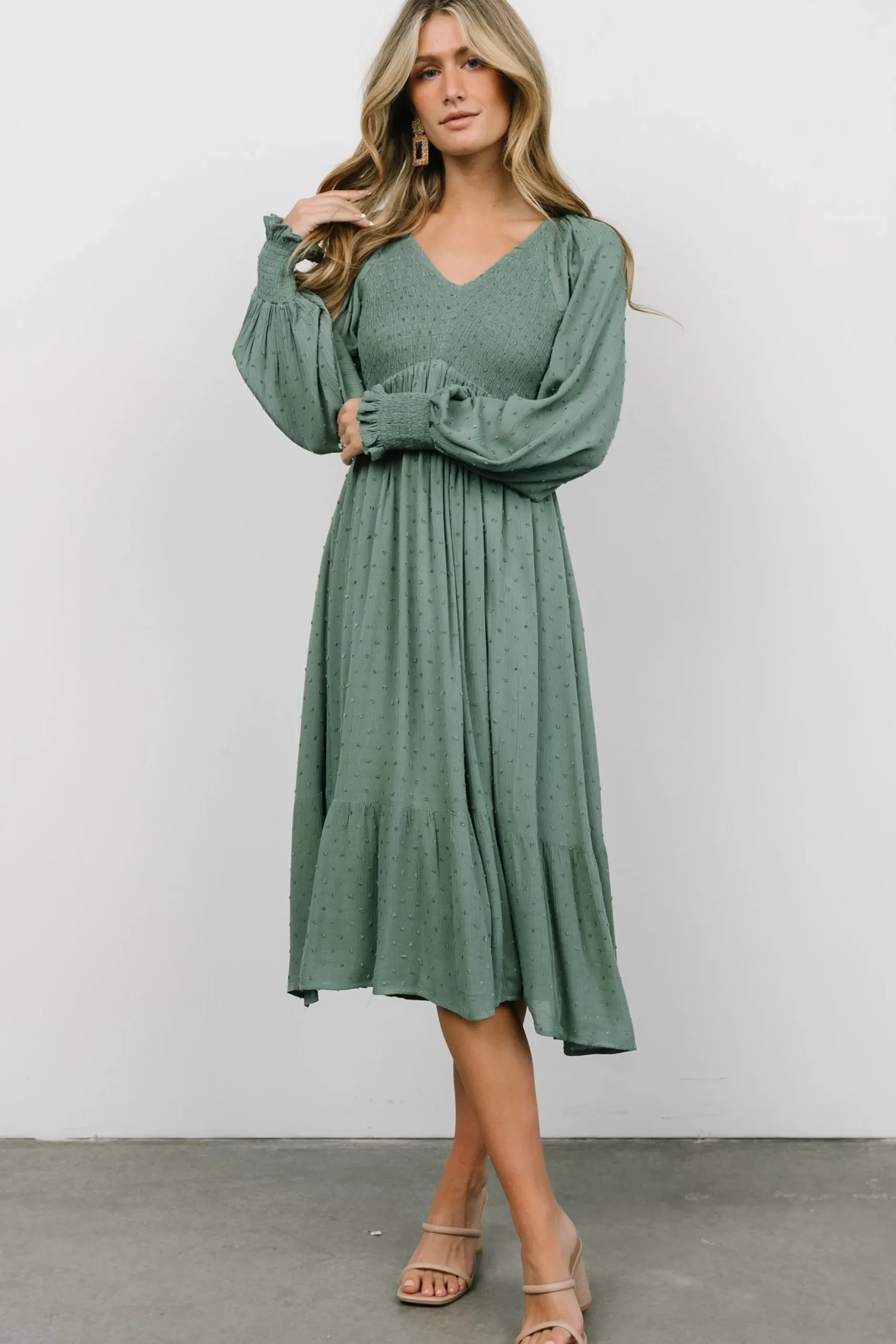 Best Lainey Smocked Dotted Midi Dress | midi dresses | bump friendly